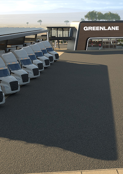 Rendering of electric semi trucks at charging stations